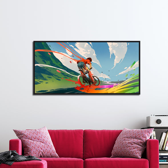 Boy Riding A Bicycle With Energy Floating Frame Canvas Painting