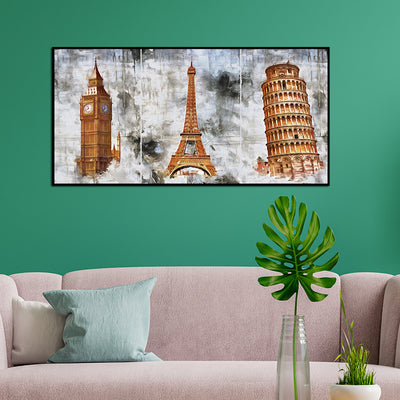 Eiffel Tower, Big Ben And Tower Of Pizzal Canvas Floating Frame Wall Painting