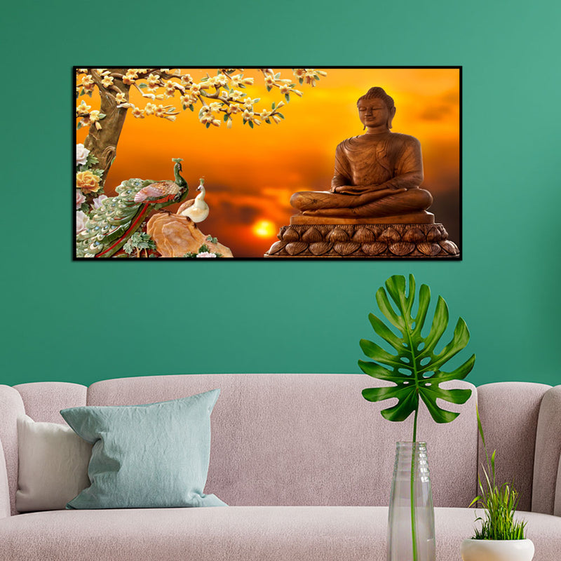 Buddha With Birds Canvas Floating Frame Wall Painting
