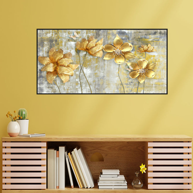 Golden Flower Canvas Floating Frame Wall Painting