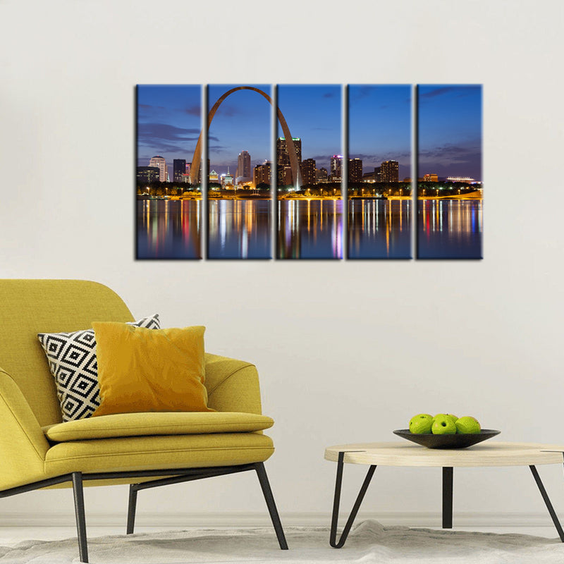 City Lake View Canvas Wall Painting- With 5 Frames