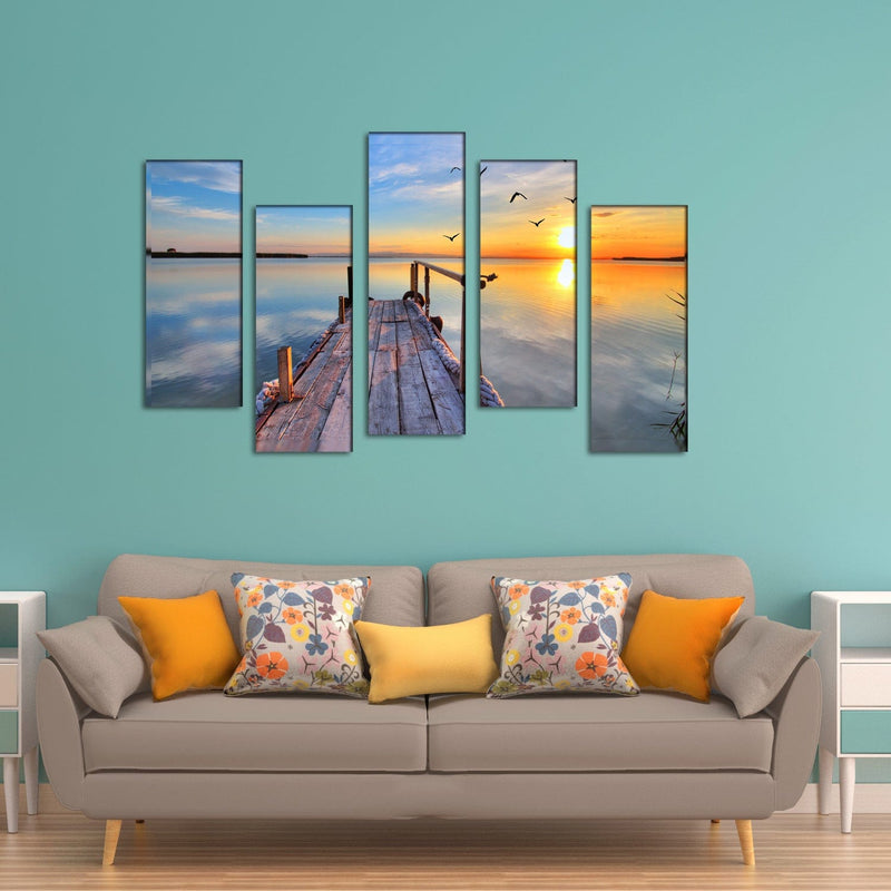 DECORGLANCE Boat & River View Canvas Wall Painting- With 5 Frames