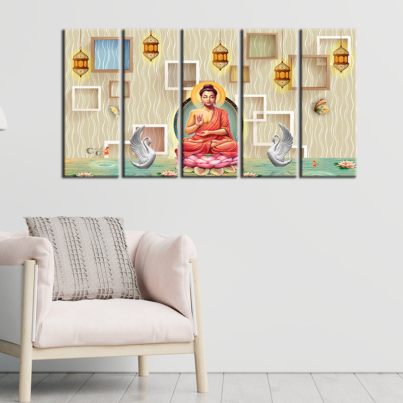 Buddha On Lotus With Swans Canvas Wall Painting- With 5 Frames
