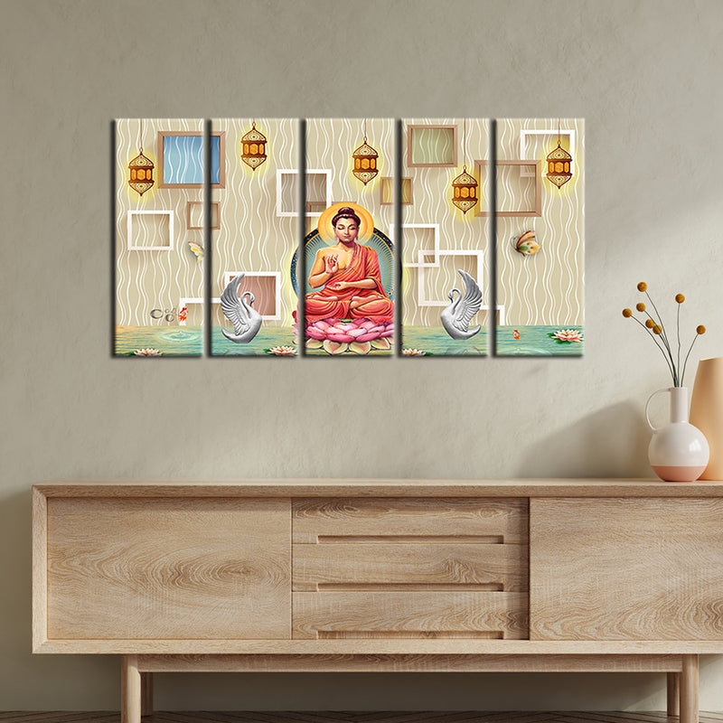 Buddha On Lotus With Swans Canvas Wall Painting- With 5 Frames