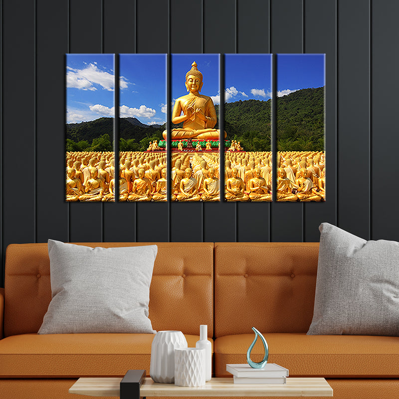 Golden Buddha With Nature Canvas Wall Painting- With 5 Frames