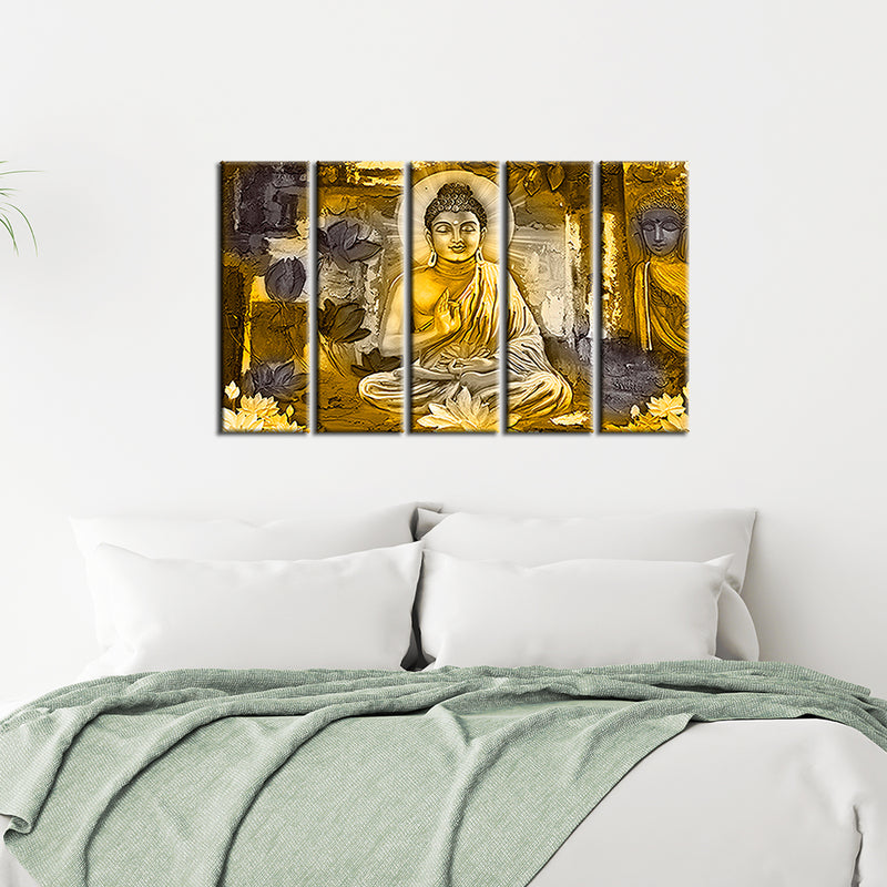 Golden Buddha Abstract Wood Framed Canvas Wall Painting- With 5 Frames