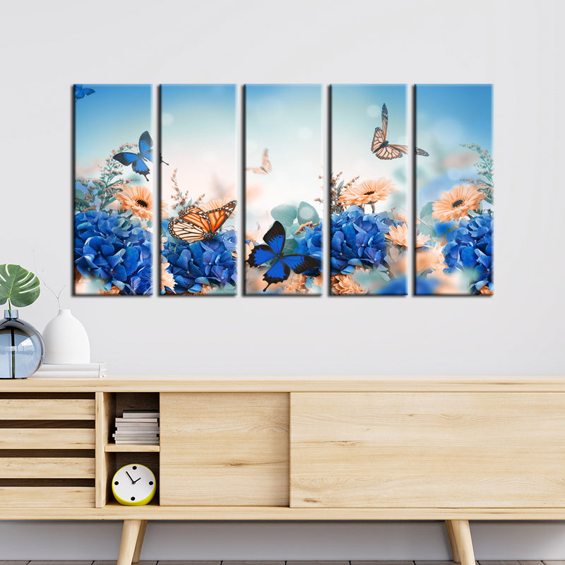 Blue Butterfly With Flower Wood Framed Canvas Wall Painting- With 5 Frames