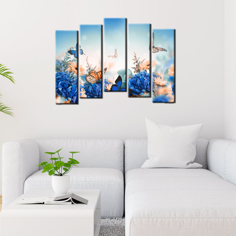 Blue Flora Wood Framed Canvas Printed Wall Painting- With 5 Frames