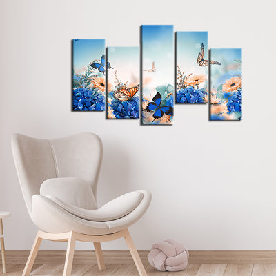 Blue Butterfly With Flower Canvas Wall Painting- With 5 Frames
