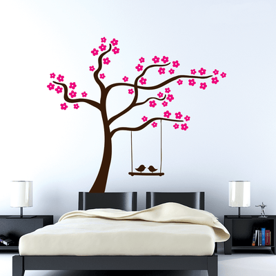DECORGLANCE Decorative sticker Romantic Tree Wall Sticker With Pink Flowers