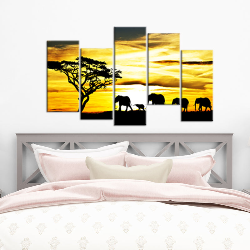 Beautiful View of Elephant Family Canvas Wall Painting- With 5 Frames