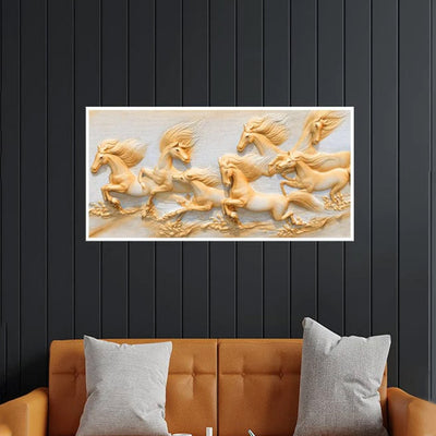 DECORGLANCE Seven Golden Horses Running Canvas Floating Frame Wall Painting