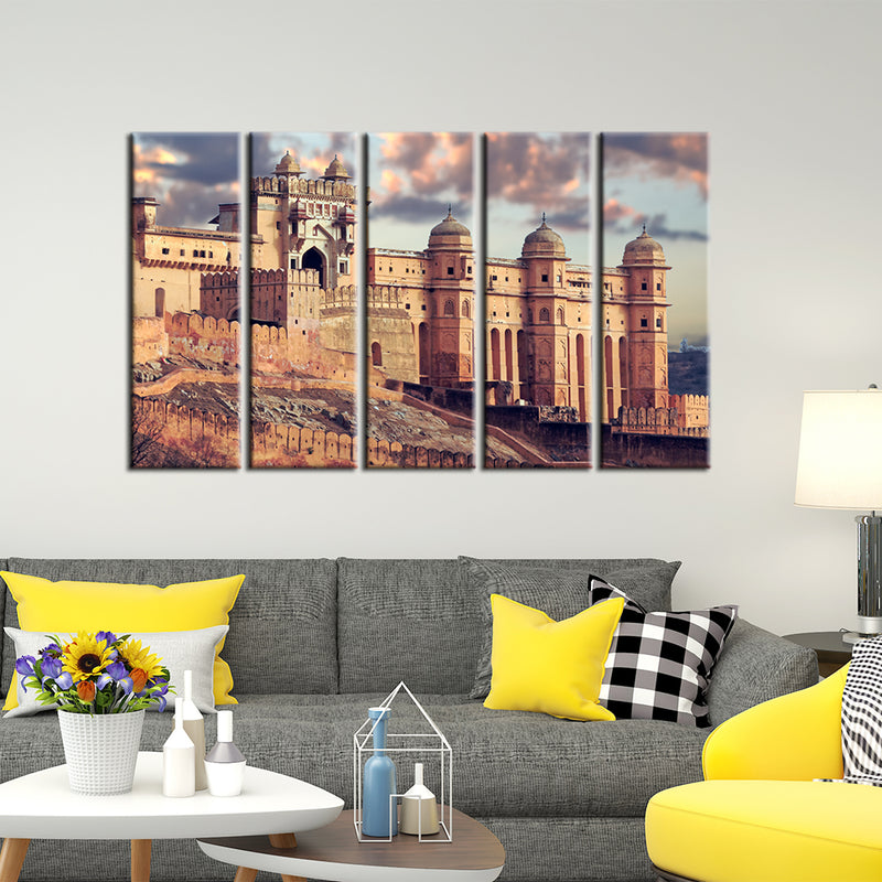 Amer fort Abstract Canvas Wall Painting- With 5 Frames