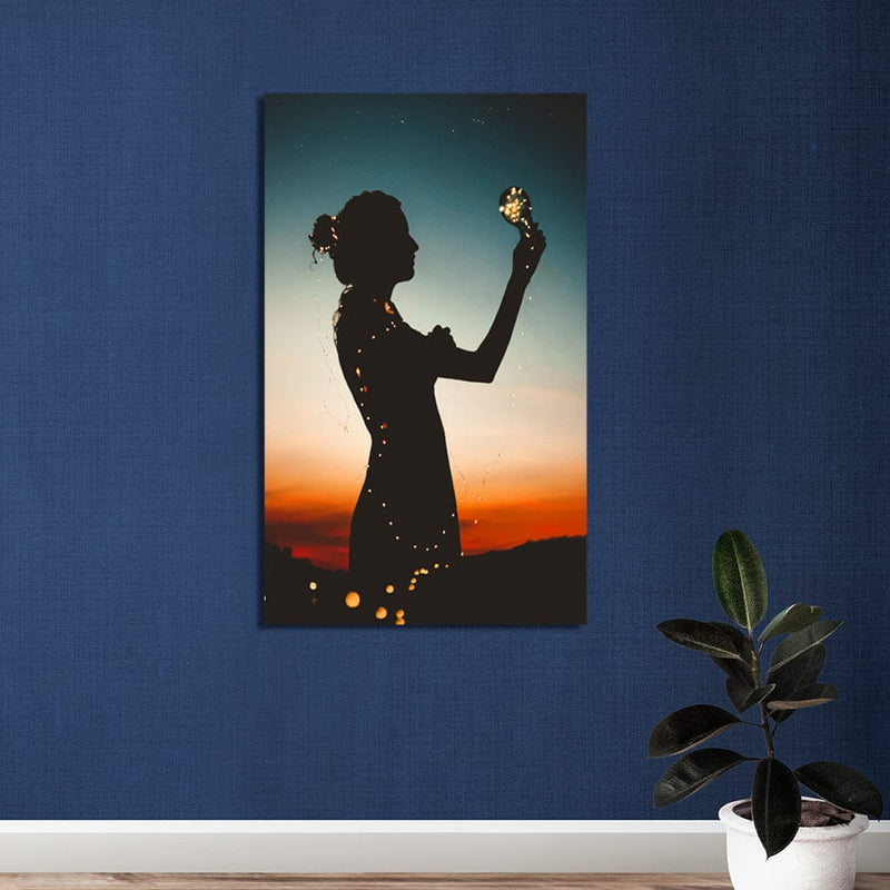 DecorGlance Girl Holding Light Bulb Canvas Wall Painting