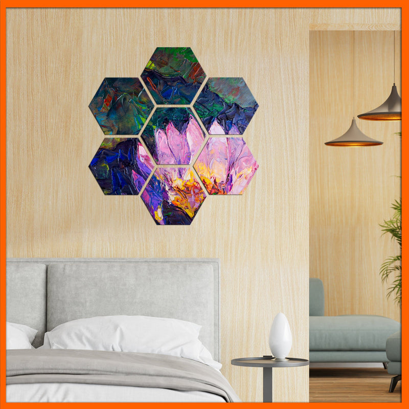 DecorGlance Hexagonal painting Oil Color Lotus Hexagonal Canvas Wall Painting - 7pcs