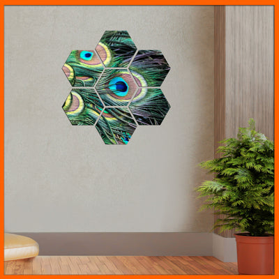 DecorGlance Hexagonal painting Peacock Feather Hexagonal Canvas Wall Painting - 7pcs