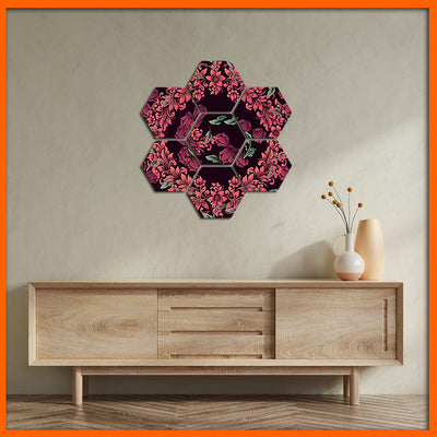 DecorGlance Hexagonal painting Pink Flower Hexagonal Canvas Wall Painting - 7pcs