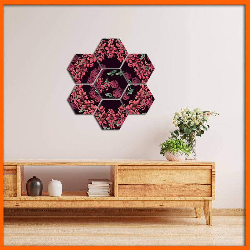 DecorGlance Hexagonal painting Pink Flower Hexagonal Canvas Wall Painting - 7pcs