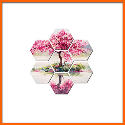 DecorGlance Hexagonal painting Pink Tree Abstract Hexagonal Canvas Wall Painting - 7pcs