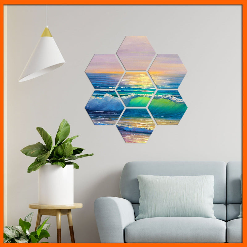 DecorGlance Hexagonal painting Sunset Sky & Waves Hexagonal Canvas Wall Painting - 7pcs