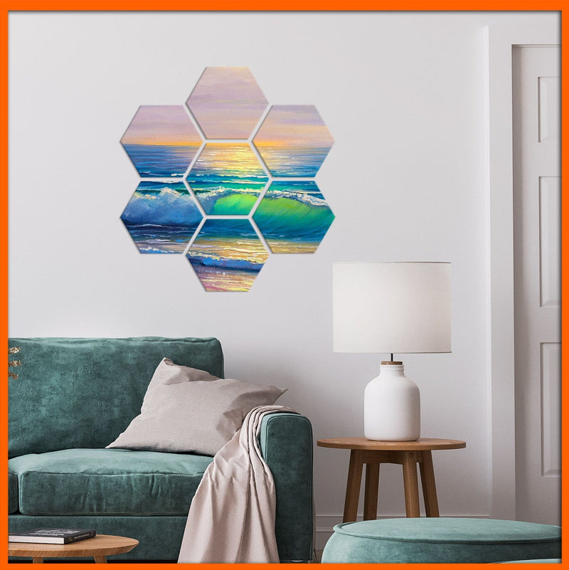 DecorGlance Hexagonal painting Sunset Sky & Waves Hexagonal Canvas Wall Painting - 7pcs