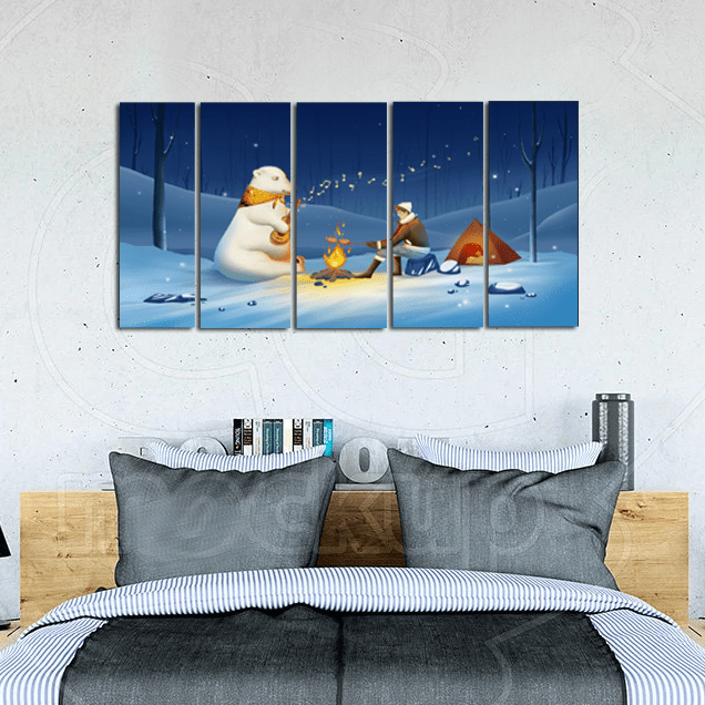 decorglance Home & Garden > Decor > Artwork > Posters, Prints, & Visual Artwork Panel Paintings Polar Bear Playing Guitar In Snow Night Canvas Wall Painting - With 5 Panel