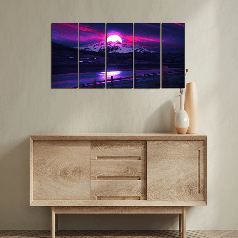decorglance Home & Garden > Decor > Artwork > Posters, Prints, & Visual Artwork Panel Paintings Purple River & Moon Scenery Wall Painting - With 5 Panel
