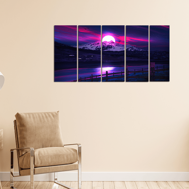 decorglance Home & Garden > Decor > Artwork > Posters, Prints, & Visual Artwork Panel Paintings Purple River & Moon Scenery Wall Painting - With 5 Panel