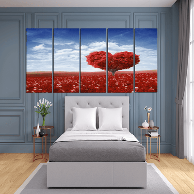decorglance Home & Garden > Decor > Artwork > Posters, Prints, & Visual Artwork Panel Paintings Red Tree In The Shape Of Heart Wood Framed Canvas Wall Painting- With 5 Frames