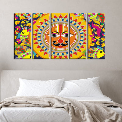 decorglance Home & Garden > Decor > Artwork > Posters, Prints, & Visual Artwork Panel Painting Sun In Madhubani Pattern Canvas Wall Painting- With 5 Frames