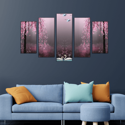 DECORGLANCE Home & Garden > Decor > Artwork > Posters, Prints, & Visual Artwork Swan With Pink Nature Scenery Wall Painting- With 5 Frames