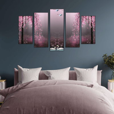 DECORGLANCE Home & Garden > Decor > Artwork > Posters, Prints, & Visual Artwork Swan With Pink Nature Scenery Wall Painting- With 5 Frames
