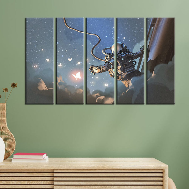 decorglance Home & Garden > Decor > Artwork > Posters, Prints, & Visual Artwork Panel Painting The Astronaut Catching The Glowing Butterflies Canvas Wall Painting- With 5 Frames