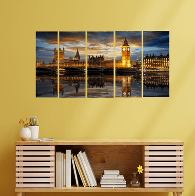 decorglance Home & Garden > Decor > Artwork > Posters, Prints, & Visual Artwork Panel Paintings The Westminster Palace & River In London Canvas Wall Painting - With 5 Panel