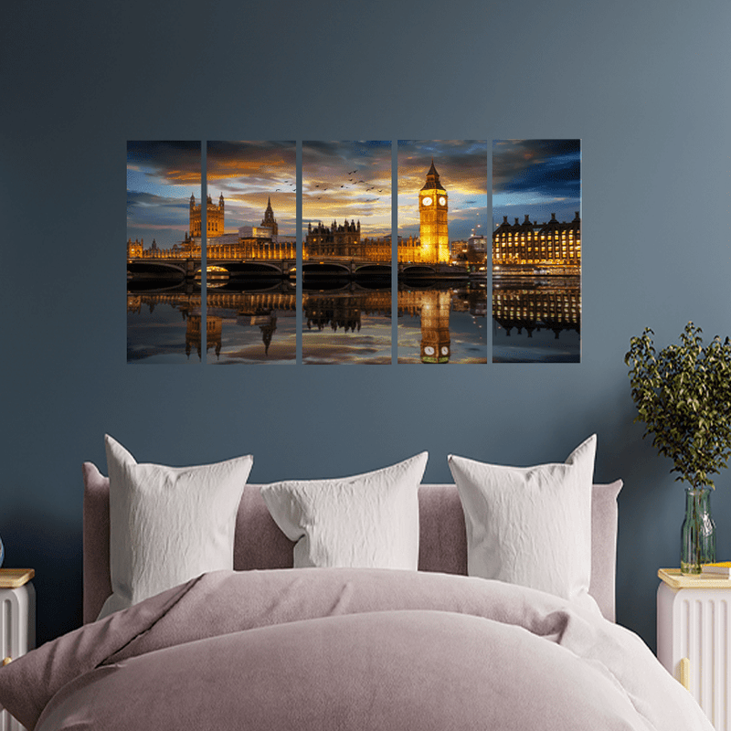 decorglance Home & Garden > Decor > Artwork > Posters, Prints, & Visual Artwork Panel Paintings The Westminster Palace & River In London Canvas Wall Painting - With 5 Panel