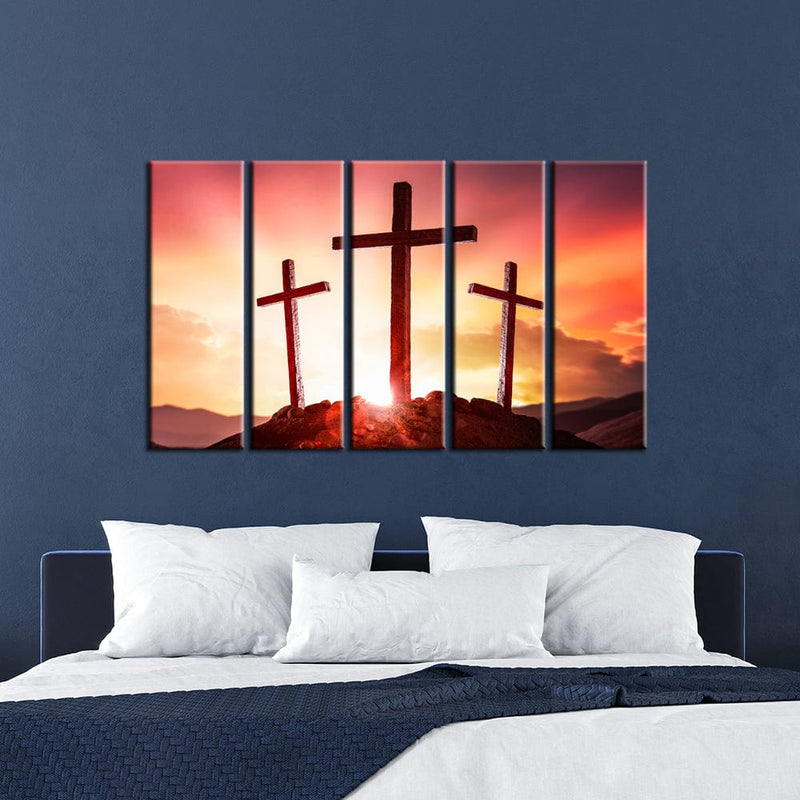 decorglance Home & Garden > Decor > Artwork > Posters, Prints, & Visual Artwork Panel Painting Three Cross Christian Canvas Wall Painting- With 5 Frames