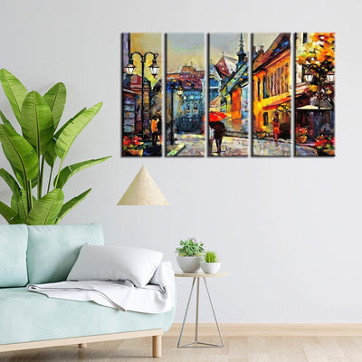 decorglance Home & Garden > Decor > Artwork > Posters, Prints, & Visual Artwork Panel Painting Town Street Artistic View Canvas Wall Painting- With 5 Frames