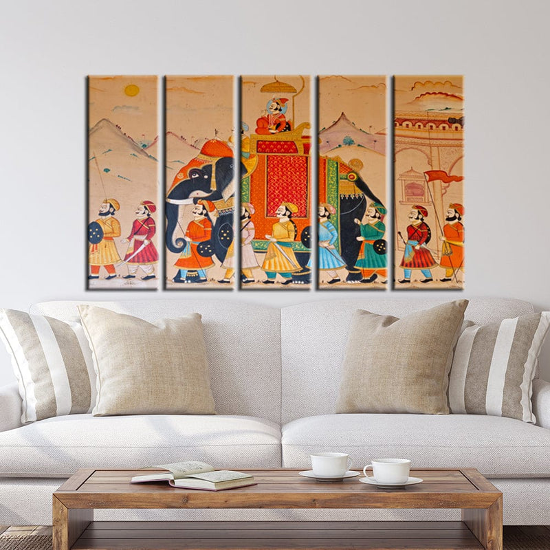 decorglance Home & Garden > Decor > Artwork > Posters, Prints, & Visual Artwork Panel Painting Traditional Rajasthani Wall Street Art Canvas Wall Painting- With 5 Frames
