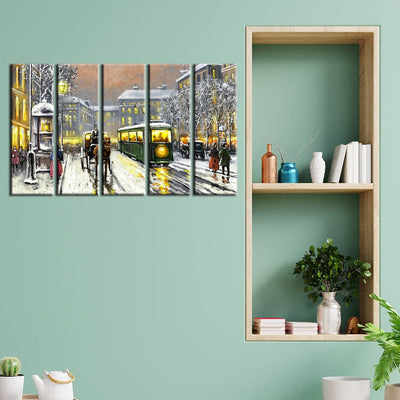 decorglance Home & Garden > Decor > Artwork > Posters, Prints, & Visual Artwork Panel Painting Tram In The Street Canvas Wall Painting- With 5 Frames