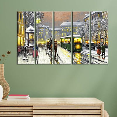 decorglance Home & Garden > Decor > Artwork > Posters, Prints, & Visual Artwork Panel Painting Tram In The Street Canvas Wall Painting- With 5 Frames