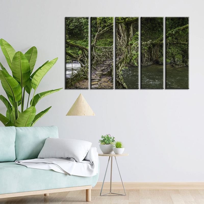 decorglance Home & Garden > Decor > Artwork > Posters, Prints, & Visual Artwork Panel Painting Tree Bridge In Forest Canvas Wall Painting- With 5 Frames