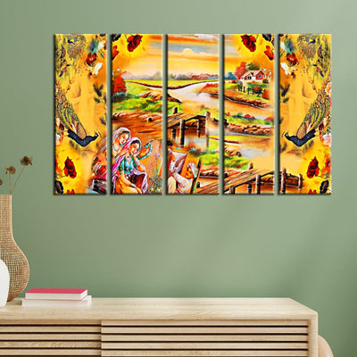 decorglance Home & Garden > Decor > Artwork > Posters, Prints, & Visual Artwork Panel Painting Village Madhubani Canvas Wall Painting- With 5 Frames