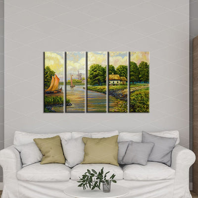 decorglance Home & Garden > Decor > Artwork > Posters, Prints, & Visual Artwork Panel Painting Village View Canvas Wall Painting- With 5 Frames
