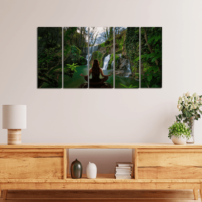 decorglance Home & Garden > Decor > Artwork > Posters, Prints, & Visual Artwork Panel Paintings Woman Doing Meditation In Front Of waterfall Canvas Wall Painting - With 5 Panel