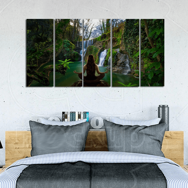 decorglance Home & Garden > Decor > Artwork > Posters, Prints, & Visual Artwork Panel Paintings Woman Doing Meditation In Front Of waterfall Canvas Wall Painting - With 5 Panel