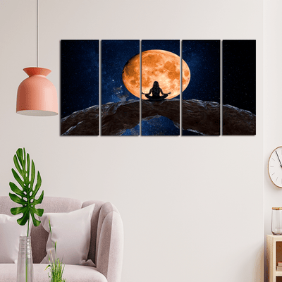 decorglance Home & Garden > Decor > Artwork > Posters, Prints, & Visual Artwork Panel Paintings Woman Meditating In Front Of Moon Canvas Wall Painting - With 5 Panel