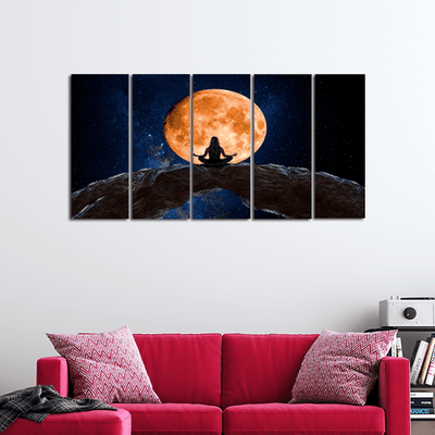 decorglance Home & Garden > Decor > Artwork > Posters, Prints, & Visual Artwork Panel Paintings Woman Meditating In Front Of Moon Canvas Wall Painting - With 5 Panel