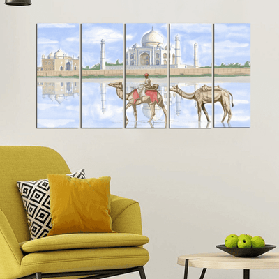 decorglance Home & Garden > Decor > Artwork > Posters, Prints, & Visual ArtworkHome & Garden > Decor > Artwork > Posters, Prints, & Visual Artwork Panel Paintings Taj Mahal With Camel Canvas Wall Painting - With 5 Frames