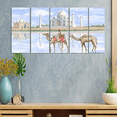 decorglance Home & Garden > Decor > Artwork > Posters, Prints, & Visual ArtworkHome & Garden > Decor > Artwork > Posters, Prints, & Visual Artwork Panel Paintings Taj Mahal With Camel Canvas Wall Painting - With 5 Frames