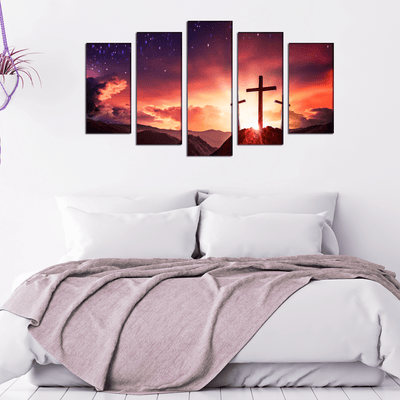 DECORGLANCE Home & Garden > Decor > Artwork > Sculptures & Statues Three Cross Christian Canvas Wall Painting- With 5 Frames